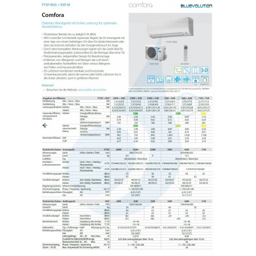 Daikin Mono Split 7000 Btu FTXP20N9 RXP20N9 Klimaanlagen Serie Comfora FTXP Weiß WiFi Optional 2.0 kW R-32 FTXP20N9+RXP20N9